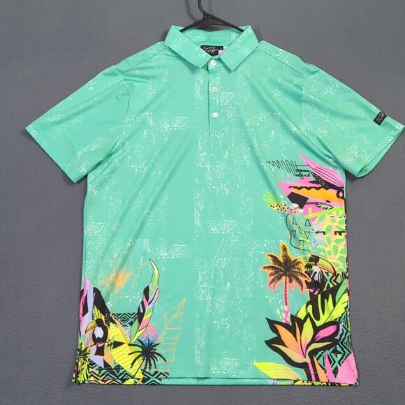 Sunday Swagger Polo Shirt Men's L Green Neon Tropical Pattern Short Sleeve Golf - Picture 2 of 11